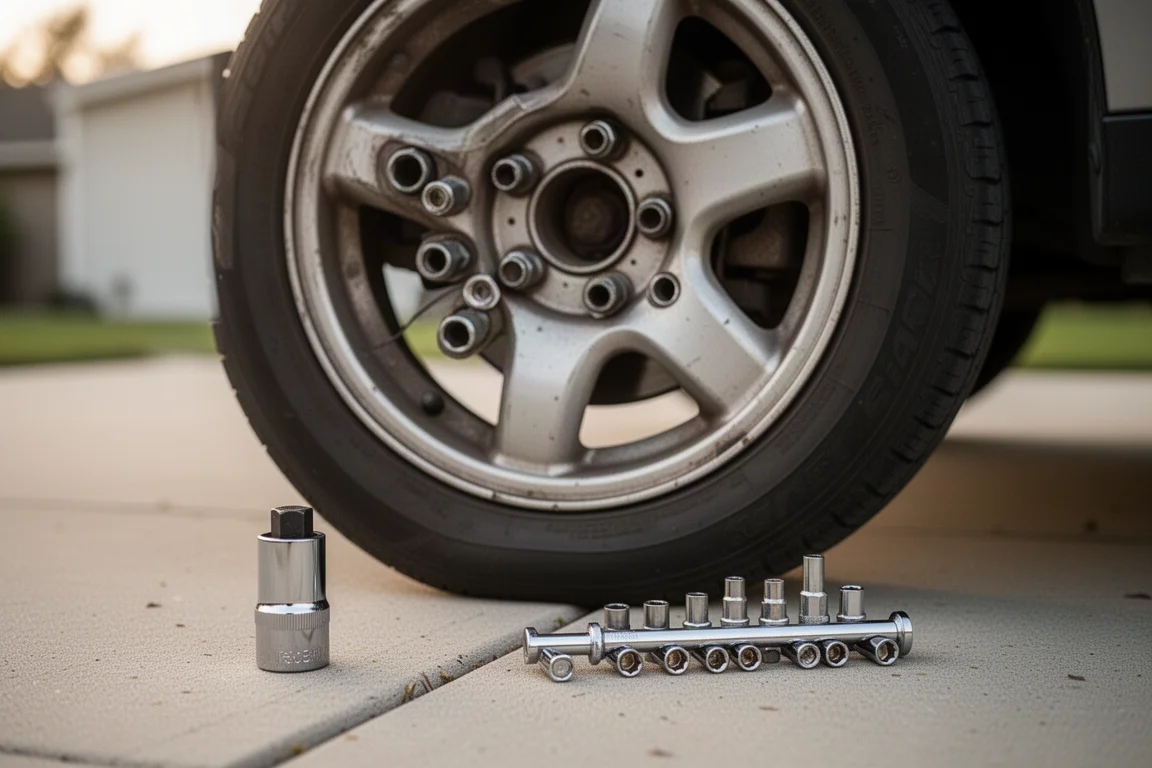 Autorad mit freiliegenden Radmuttern neben einer Impact-Nuss in der Einfahrt
