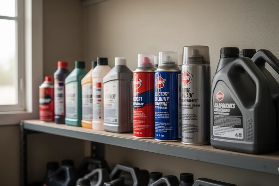 Regal mit Marken-Pflegeprodukten und Schmiermitteldosen in einer Garage