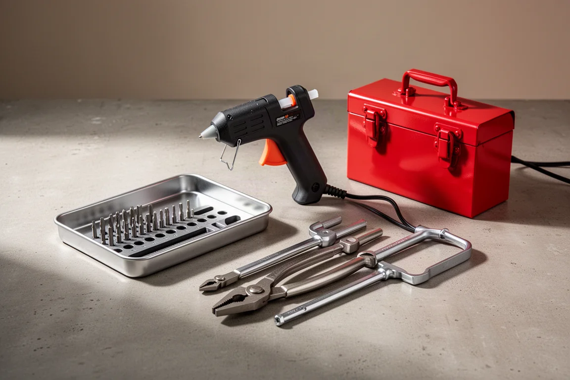 Magnetic tray, cordless glue gun, pliers and a mini steel toolbox arranged on concrete