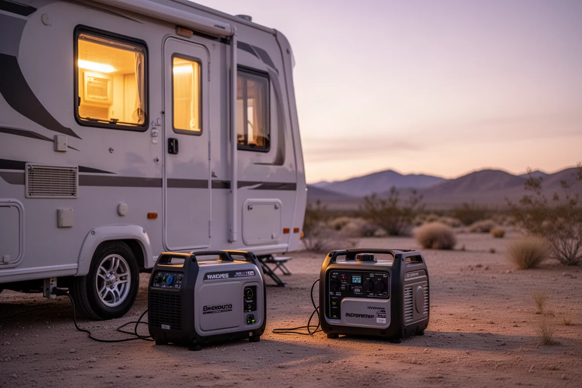 Gerador inverter alimentando um acampamento de trailer ao entardecer