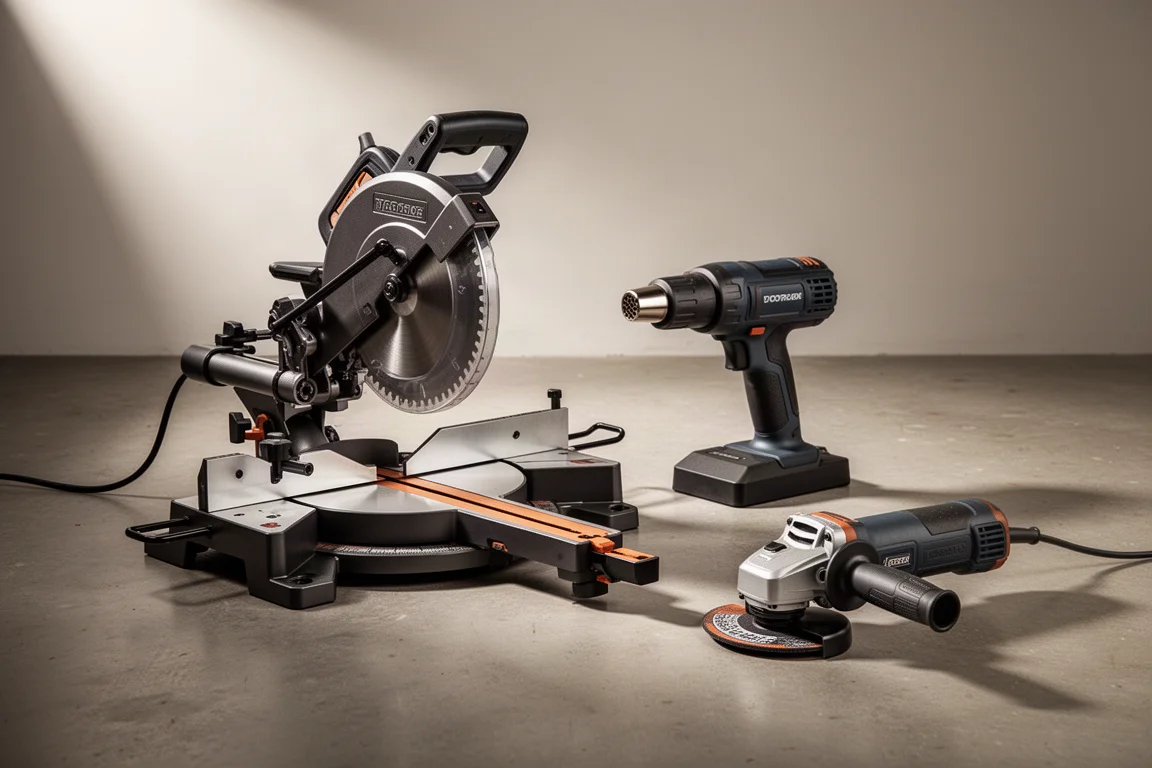 Collection of workshop tools including a miter saw, heat gun, and grinder on concrete
