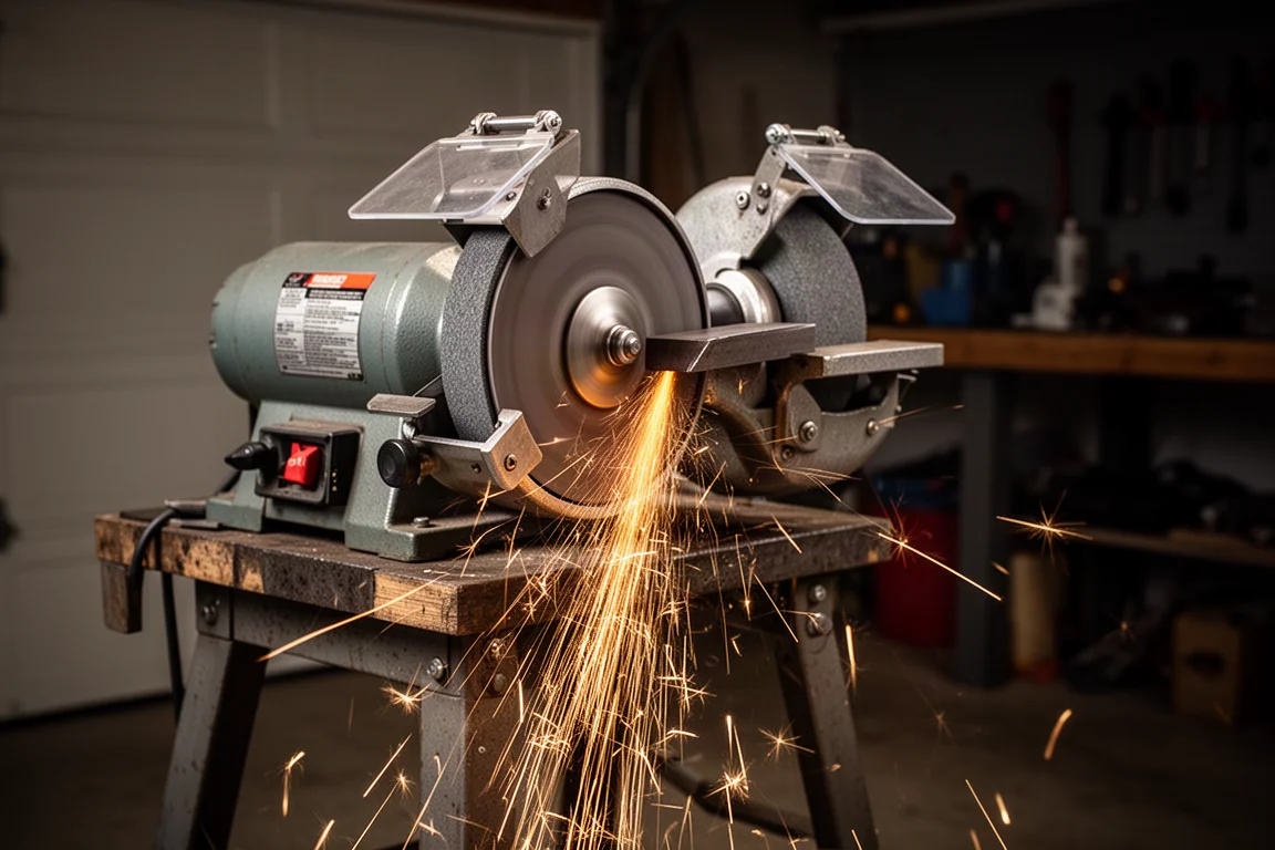 Workshop bench with a bench grinder mounted and sparks flying during grinding work