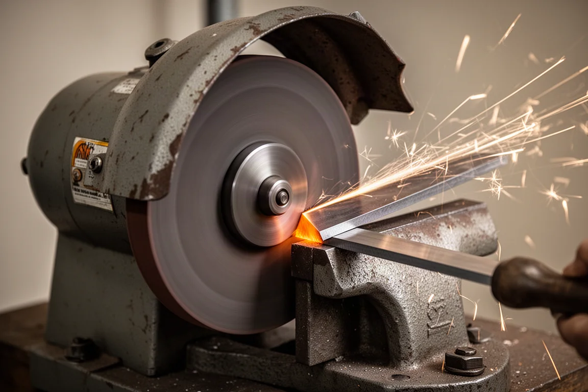 Close-up of a bench grinder wheel spinning against a steel workpiece with sparks