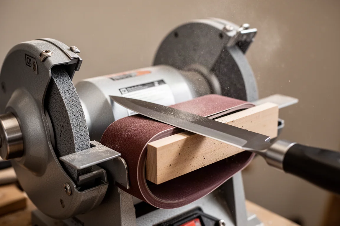 Flat workpiece being sharpened on the belt sander section of a combination grinder