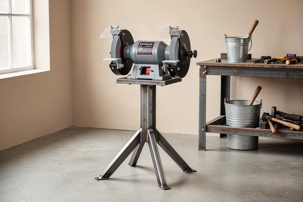 Bench grinder mounted on a sturdy metal stand with spread legs in a workshop