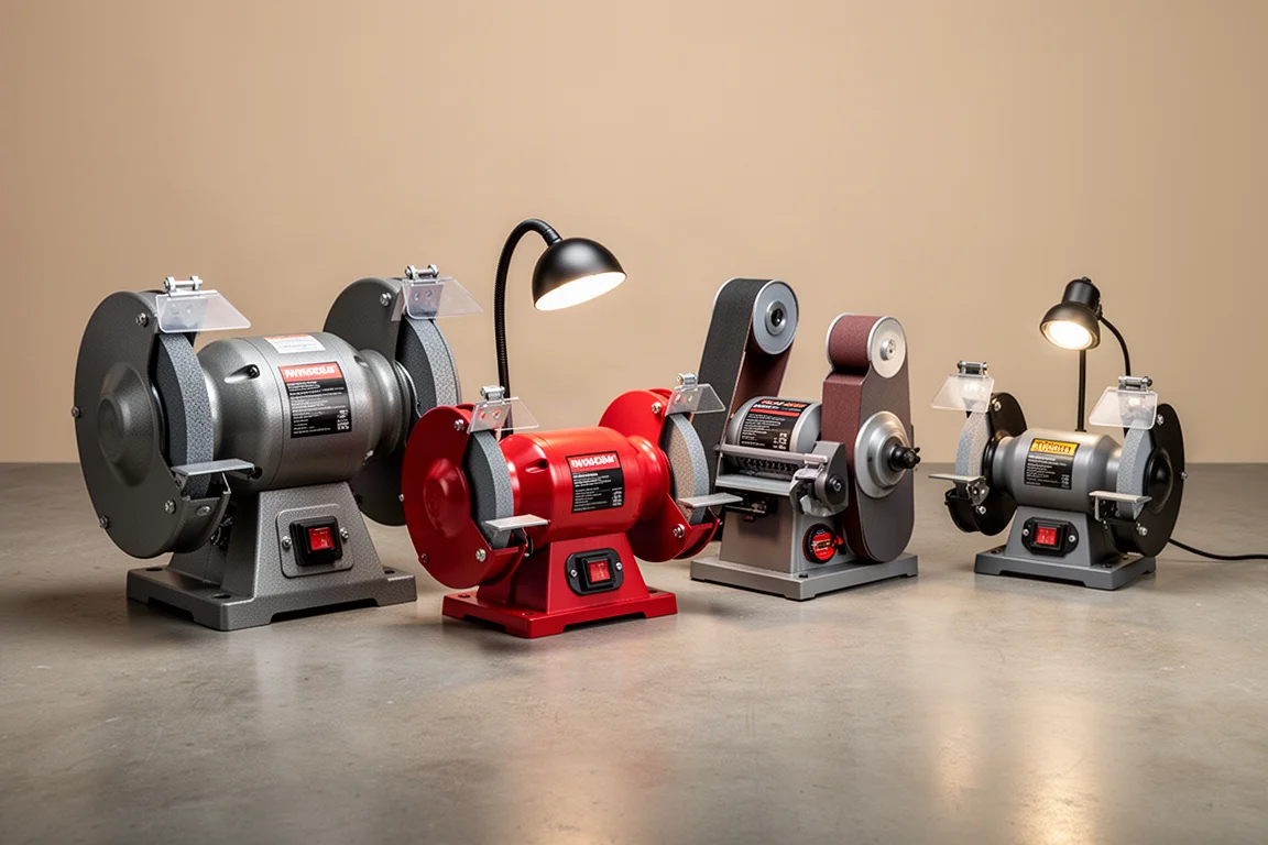 Four bench grinders of different sizes arranged in a row on a concrete floor