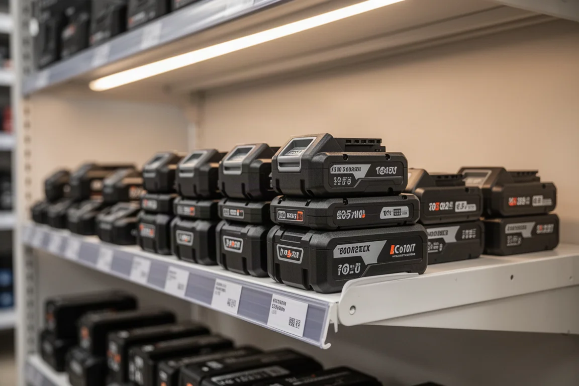 Wanddisplay mit gestapelten kabellosen Akku-Werkzeugbatterien in einem Baumarkt