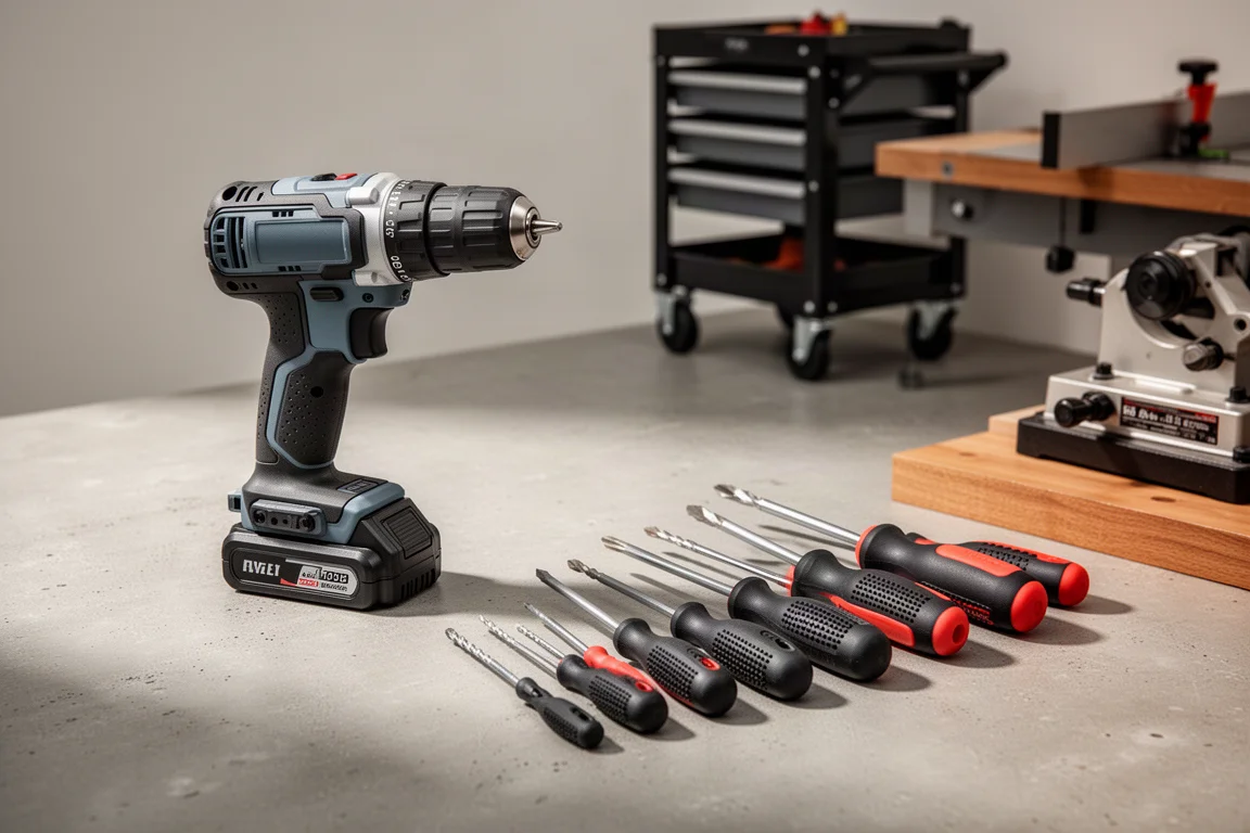 Assortment of workshop power tools and hand tools arranged on a concrete surface