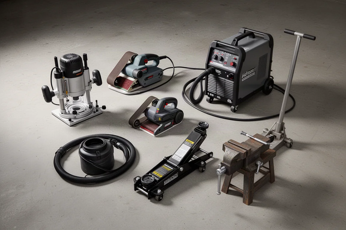Assortment of workshop tools arranged on a concrete garage floor