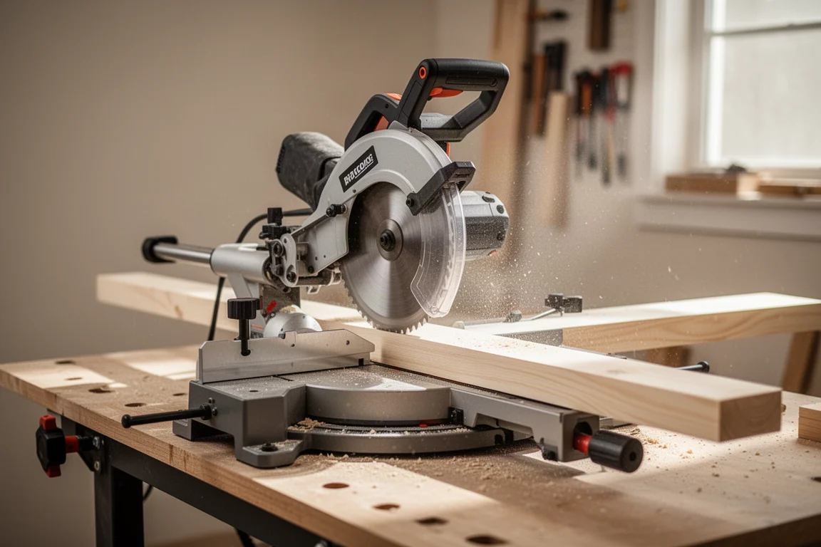 Sliding compound miter saw cutting a board on a workbench in a tidy workshop