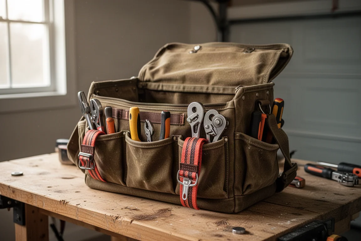 Well-used canvas tool bag open on a garage workbench with hand tools inside