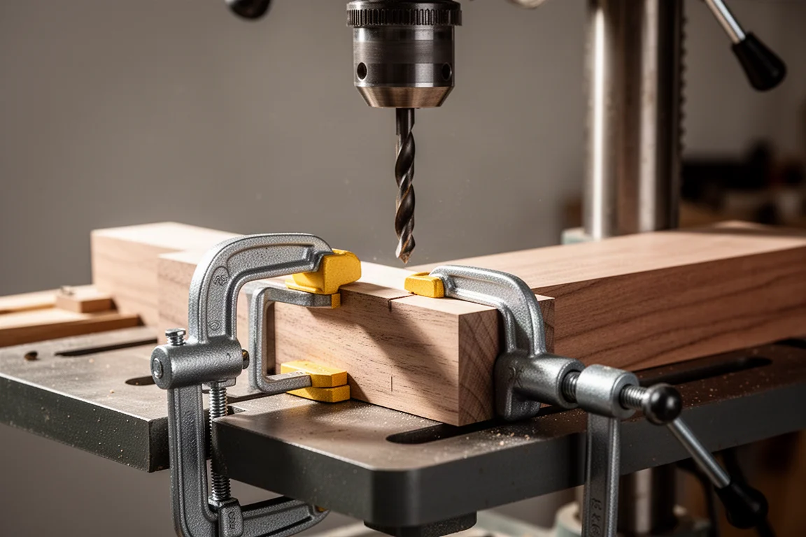 Workpiece clamped to a drill press table with a heavy duty clamp