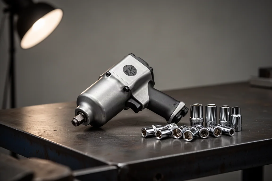 Compact impact wrench resting on a garage workbench next to sockets