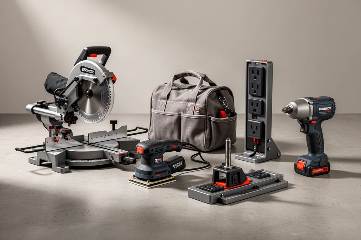 Lineup of Harbor Freight workshop tools including a miter saw, sanders, tool bag, clamp, power strip, and impact wrench