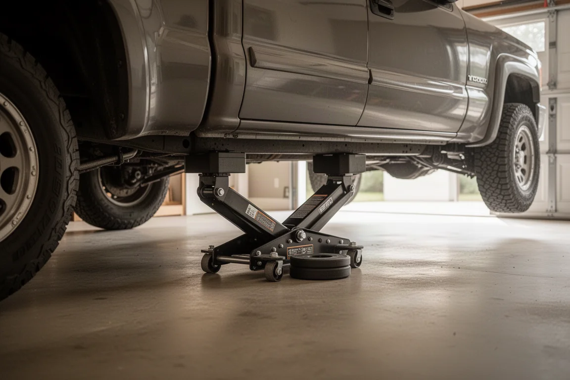 Rangierwagenheber unter einem Fahrzeug in einer privaten Garage positioniert