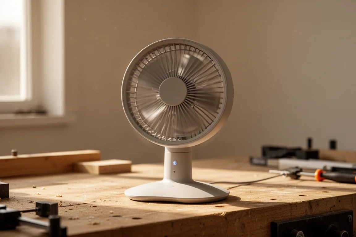 Akkubetriebener tragbarer Ventilator läuft auf einer Werkbank