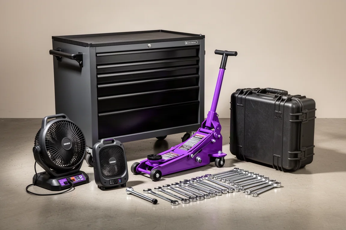 Tool chest, purple floor jack, portable fan, wrenches and hard case arranged on concrete