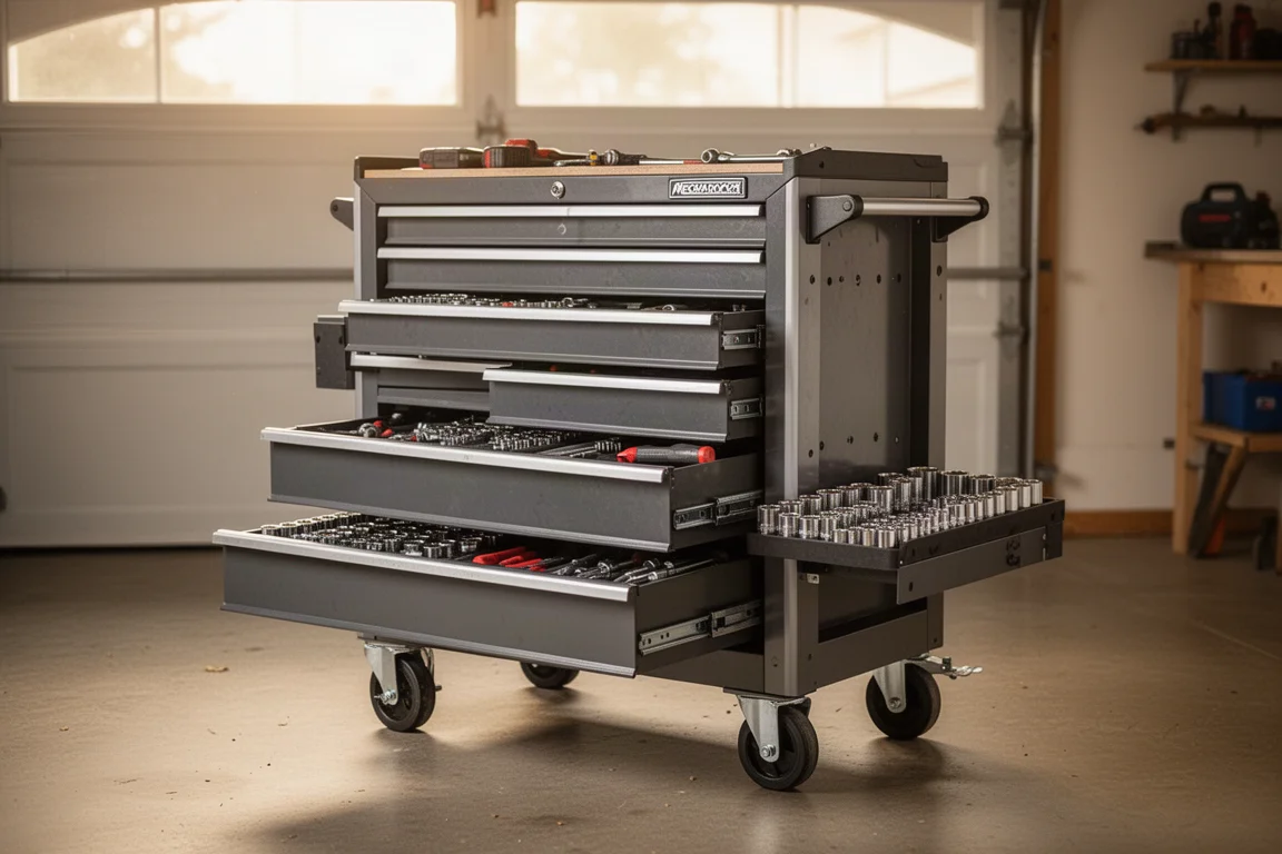 Carrello portautensili con cassetti aperti in un garage domestico ordinato