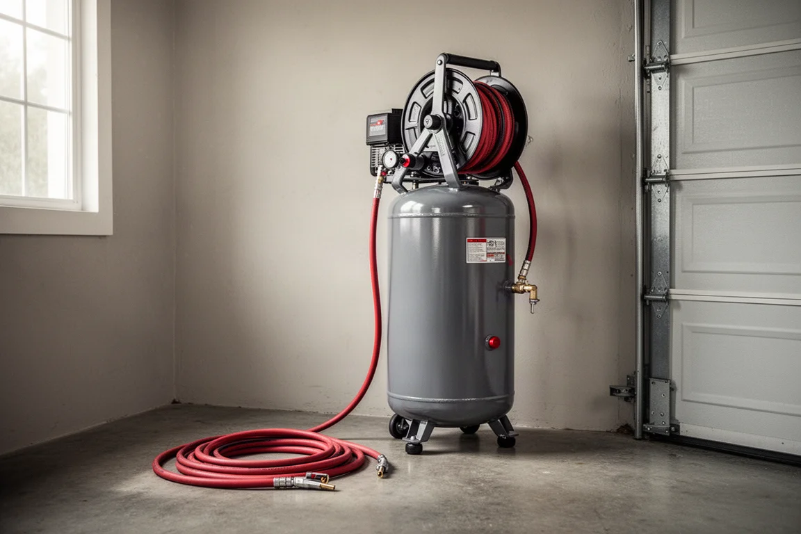 Compressore d'aria e avvolgitubo installati lungo la parete di un garage