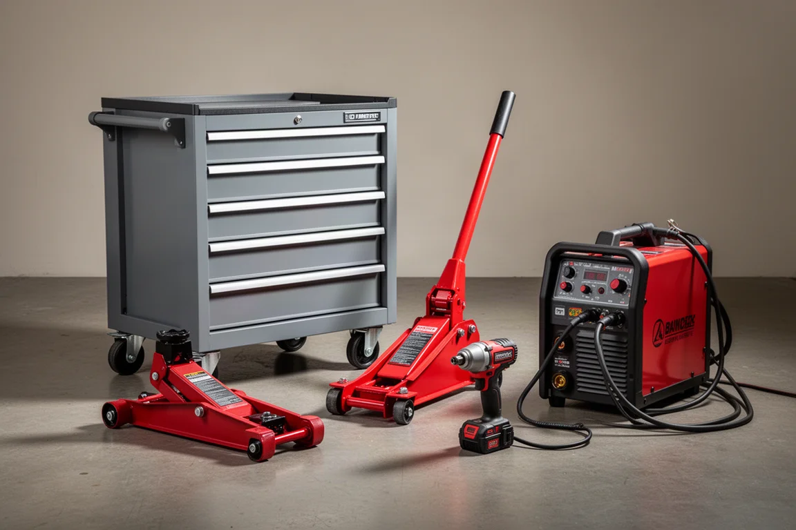 Tool cart, floor jack, impact wrench, and welder arranged on a concrete garage floor