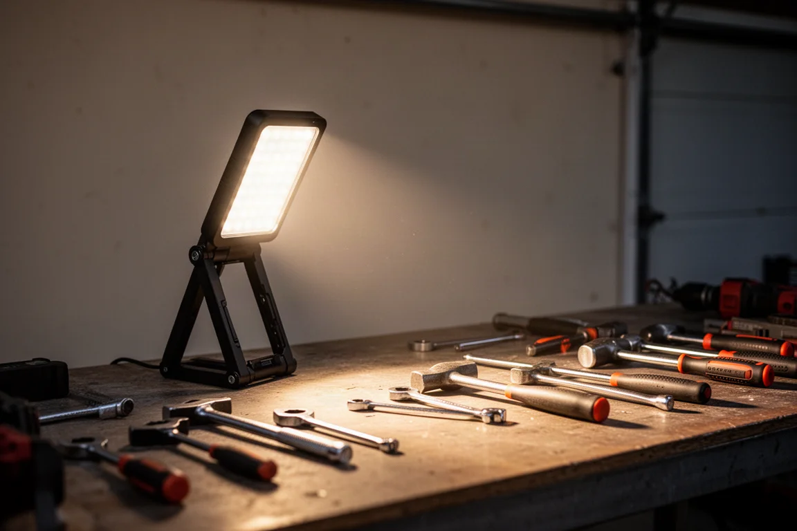 Lampe de travail LED pliante projetant un faisceau lumineux sur un établi de garage