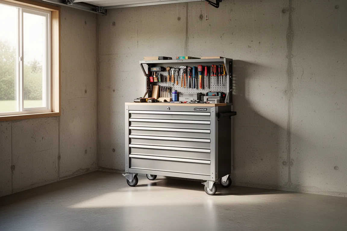 Caisson à outils à roulettes installé dans un garage domestique compact sous une lumière du jour douce