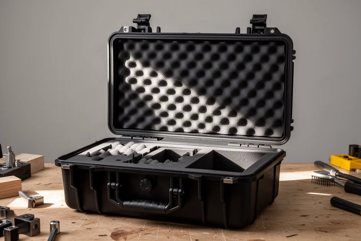 Valise de protection rigide avec mousse prédécoupée ouverte sur un établi