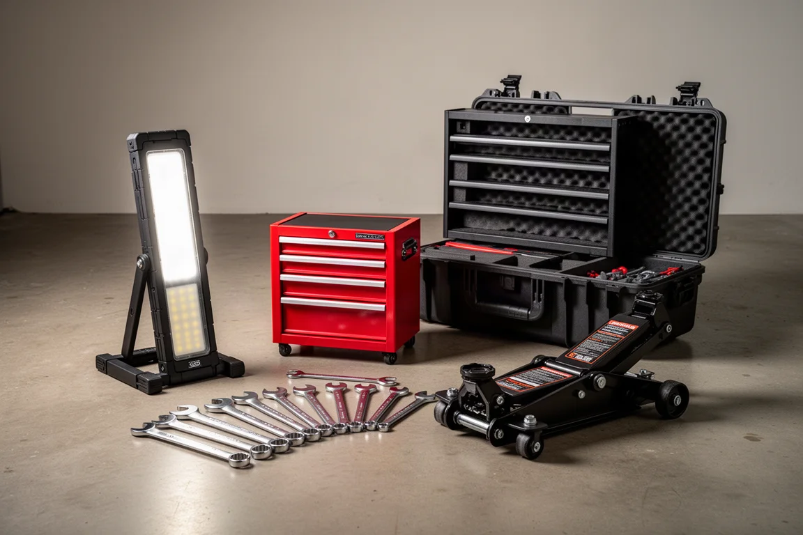 Work light, wrenches, tool cabinet, hard case, and floor jack arranged on a garage floor