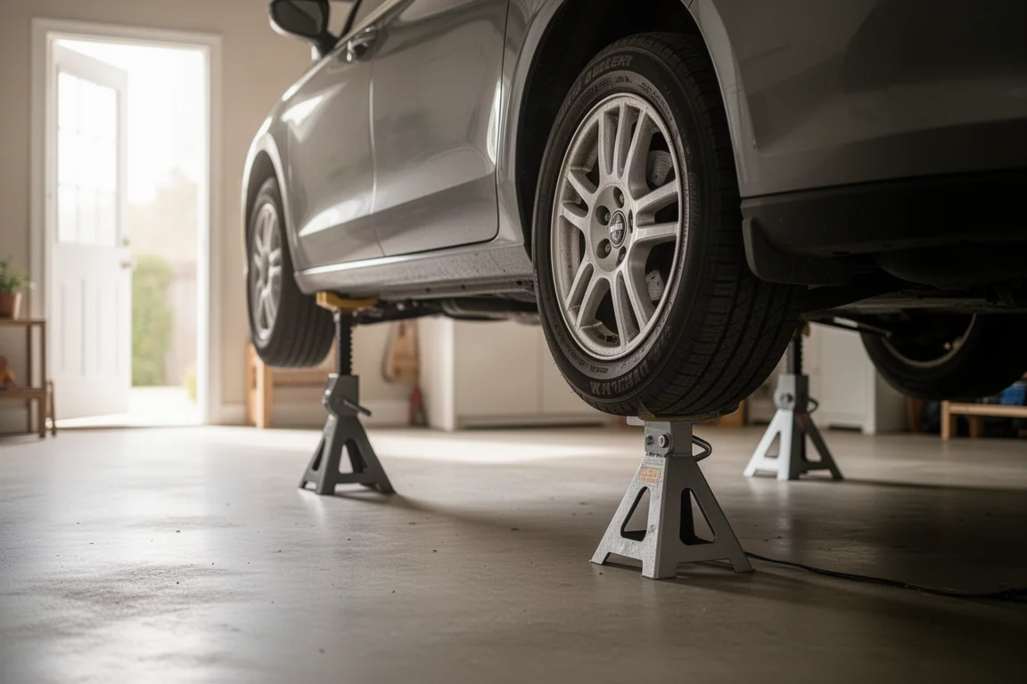 Auto auf Unterstellböcken in einer aufgeräumten Heimwerker-Garage