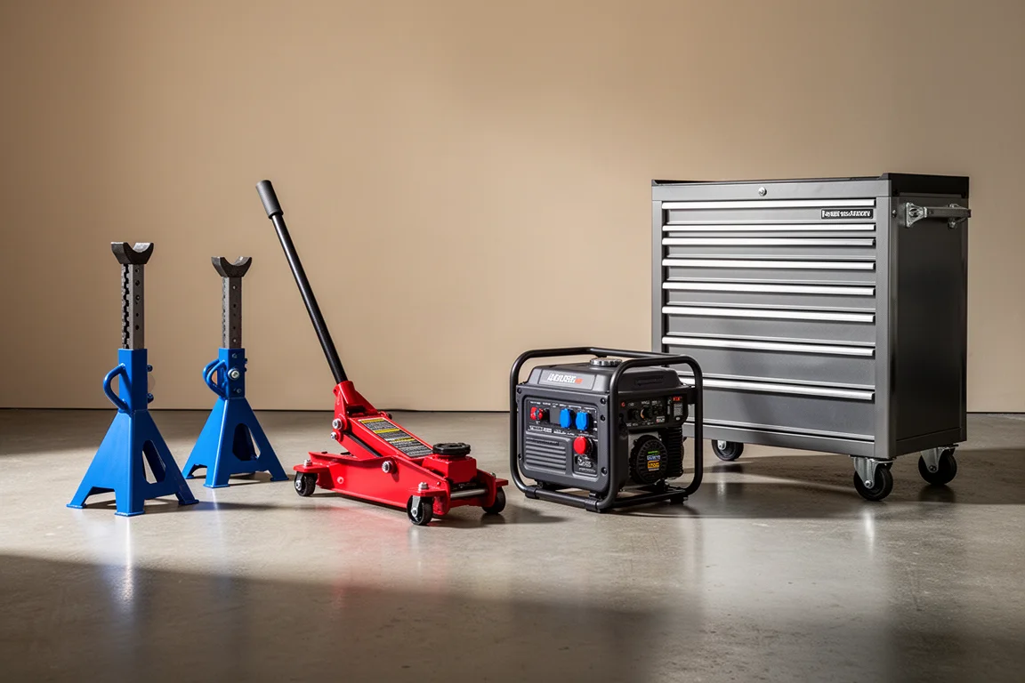Workshop gear lineup including jack stands, floor jack, generator, and roller cabinet on concrete
