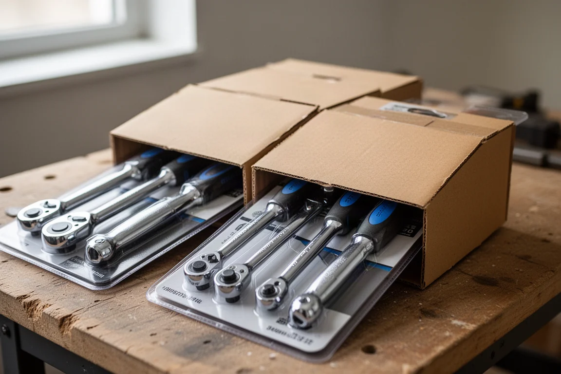 Ratchets in partially opened packaging with handles exposed on a workbench