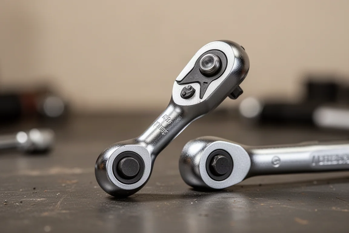 Close-up of a flex head ratchet head pivoting on a workbench