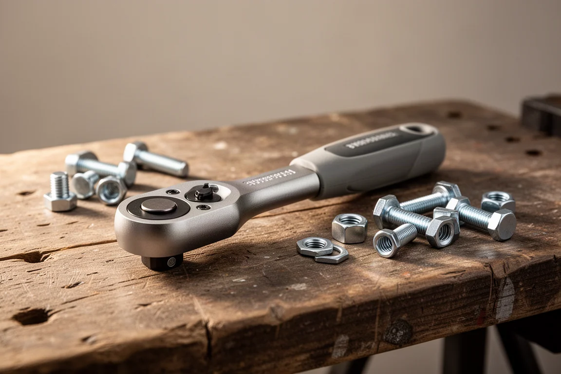 Composite ratchet lying on a wooden workbench next to loose fasteners