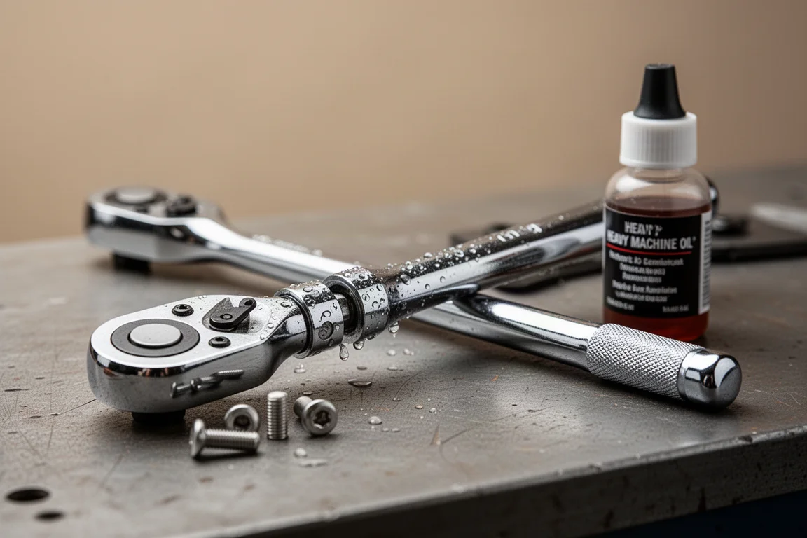 Ratchet cover plate removed during relubrication with oil bottle nearby