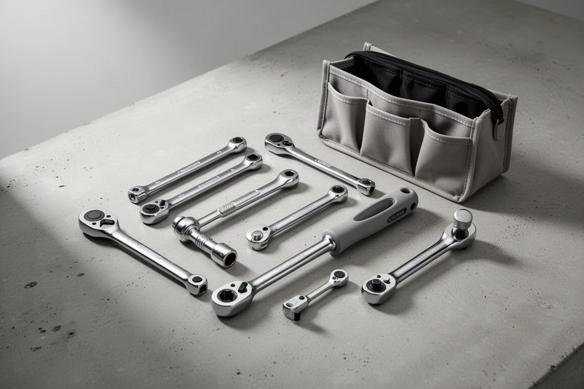 Assortment of ratchets and a tool tote arranged on a concrete surface