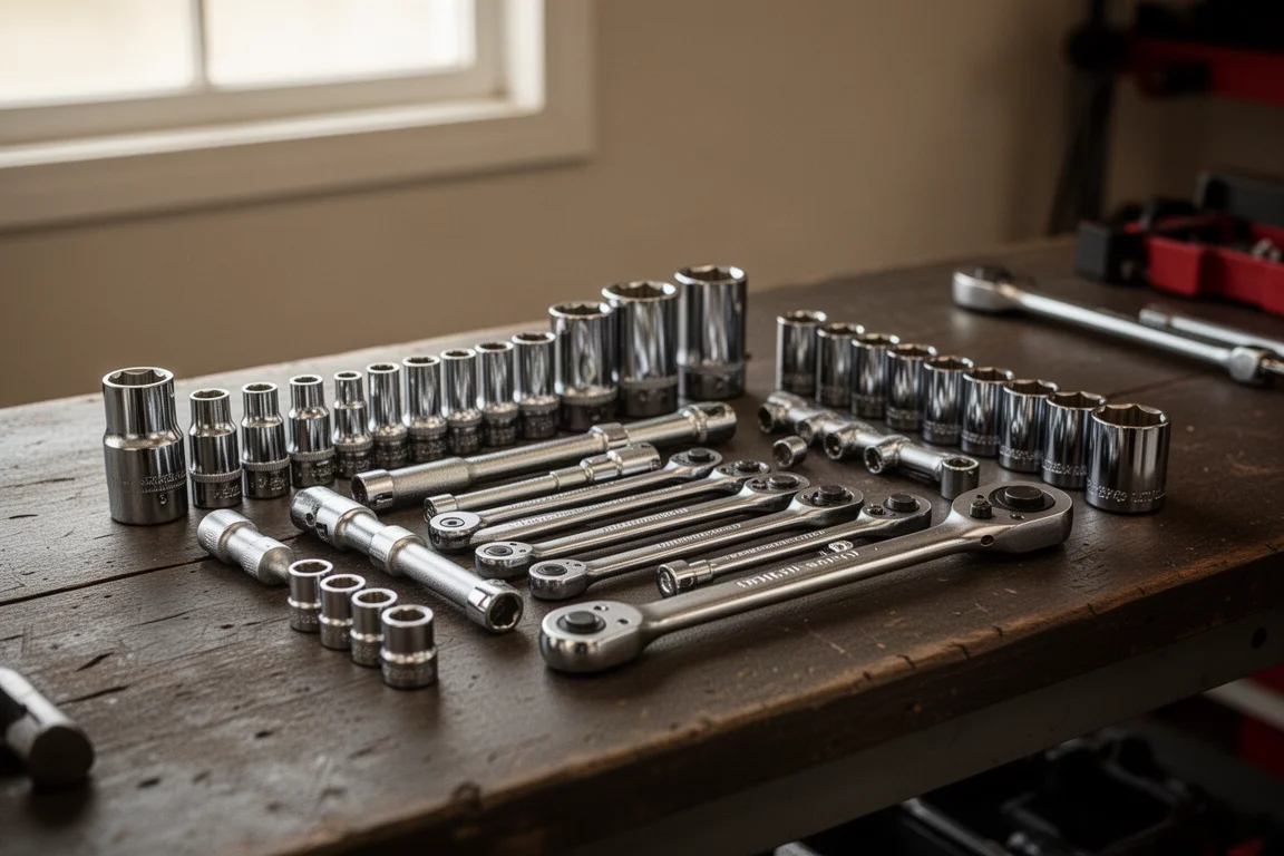 Mechanic socket set laid out on a wooden workbench in warm garage light