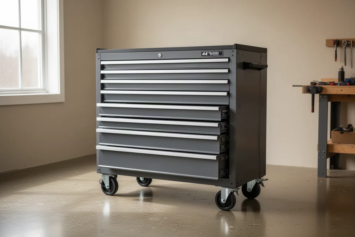 Large rolling tool cabinet in a tidy workshop with concrete floor