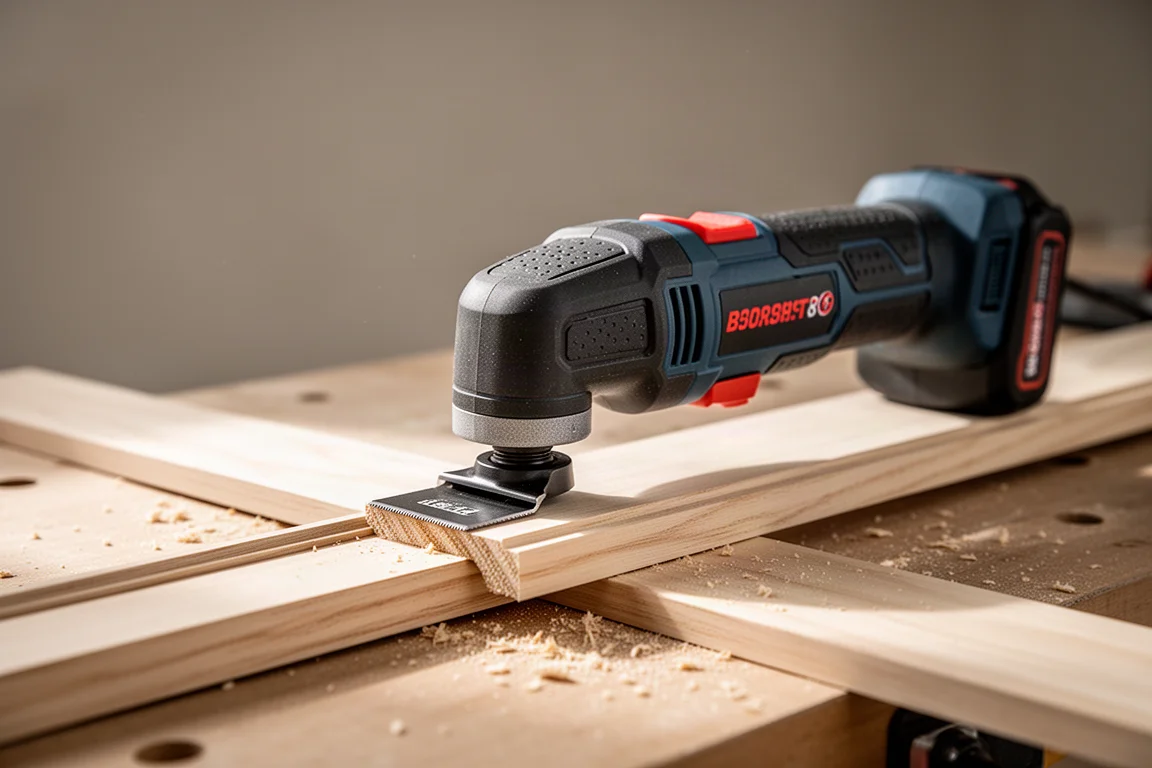 Cordless oscillating multi-tool cutting trim in a workshop scene