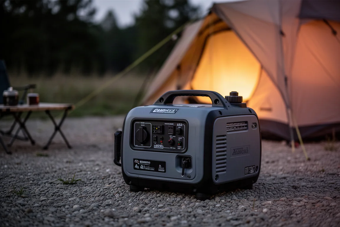 Portable inverter generator powering a campsite at dusk