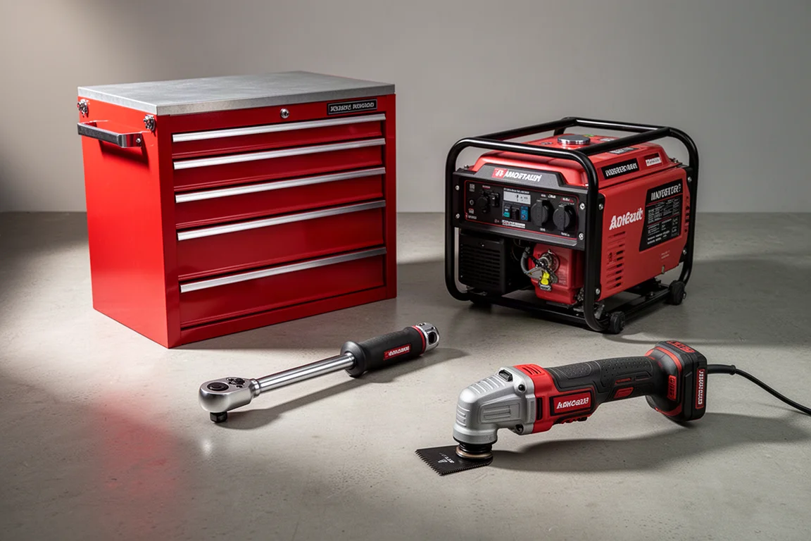 Workshop tools including a tool cabinet, torque wrench and generator on a concrete floor