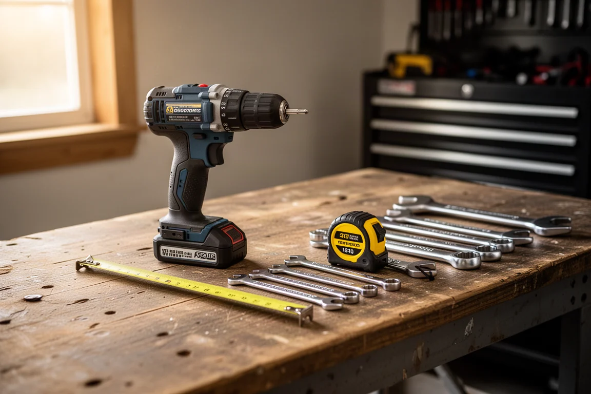 Cordless drill and hand tools arranged on a workbench in soft workshop light