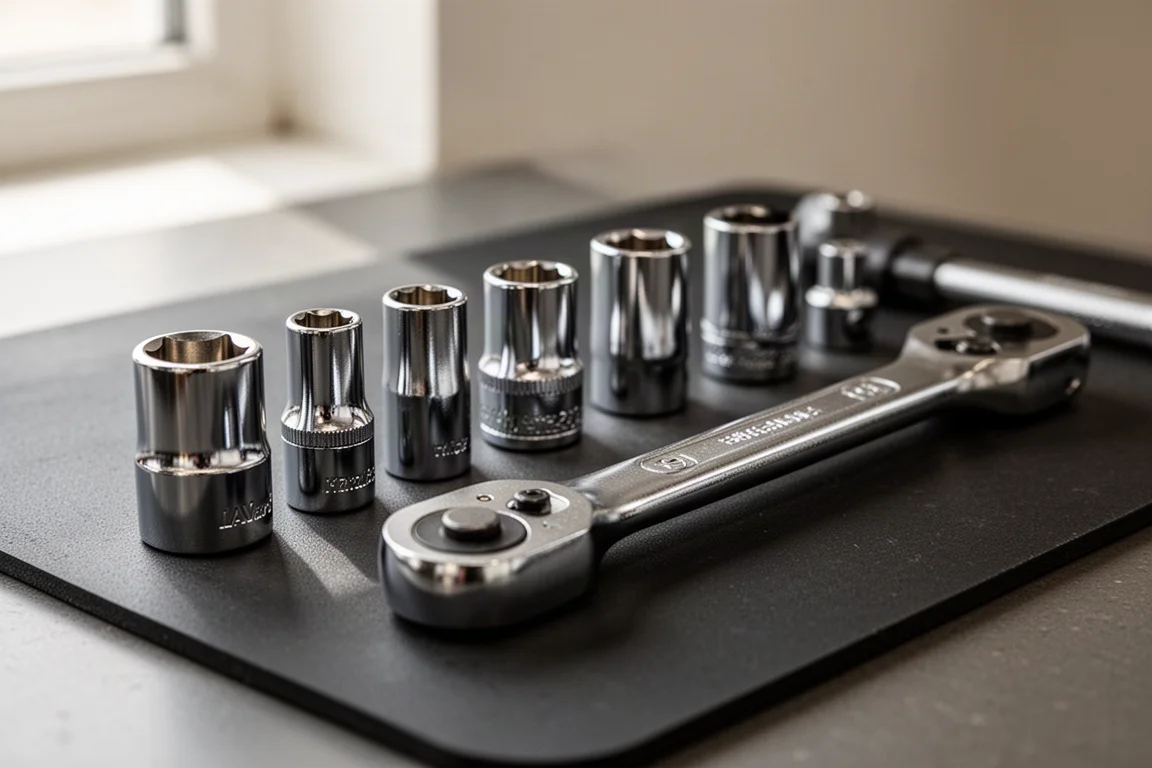 Close-up of chrome sockets and a ratchet laid out on a dark workbench