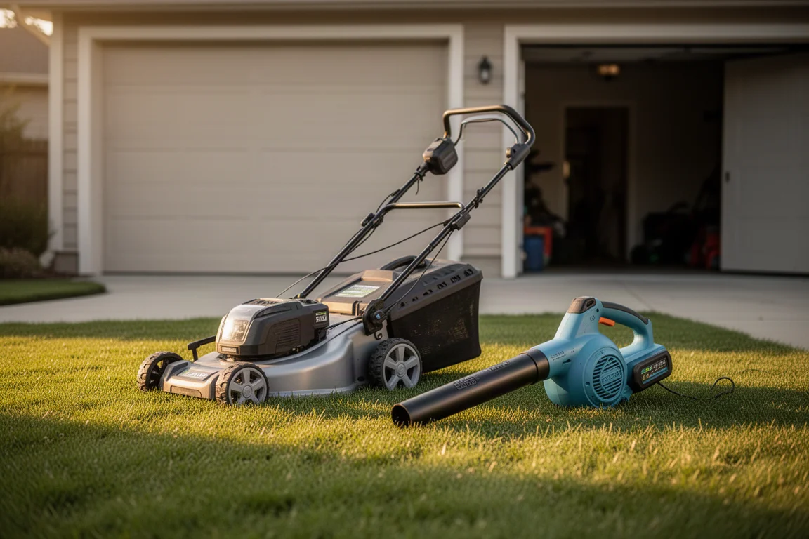 Cordless lawn mower and leaf blower staged on a lawn at golden hour