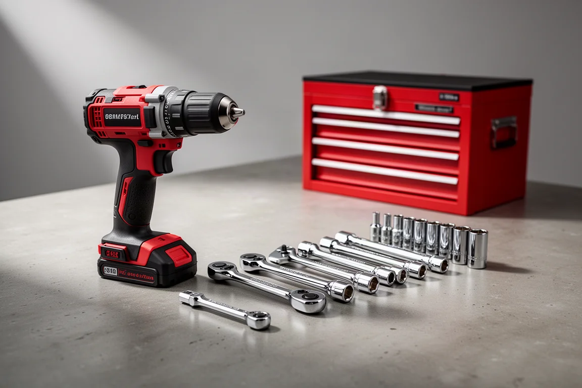 Cordless drill, socket set, and tool cabinet arranged in an editorial workshop scene