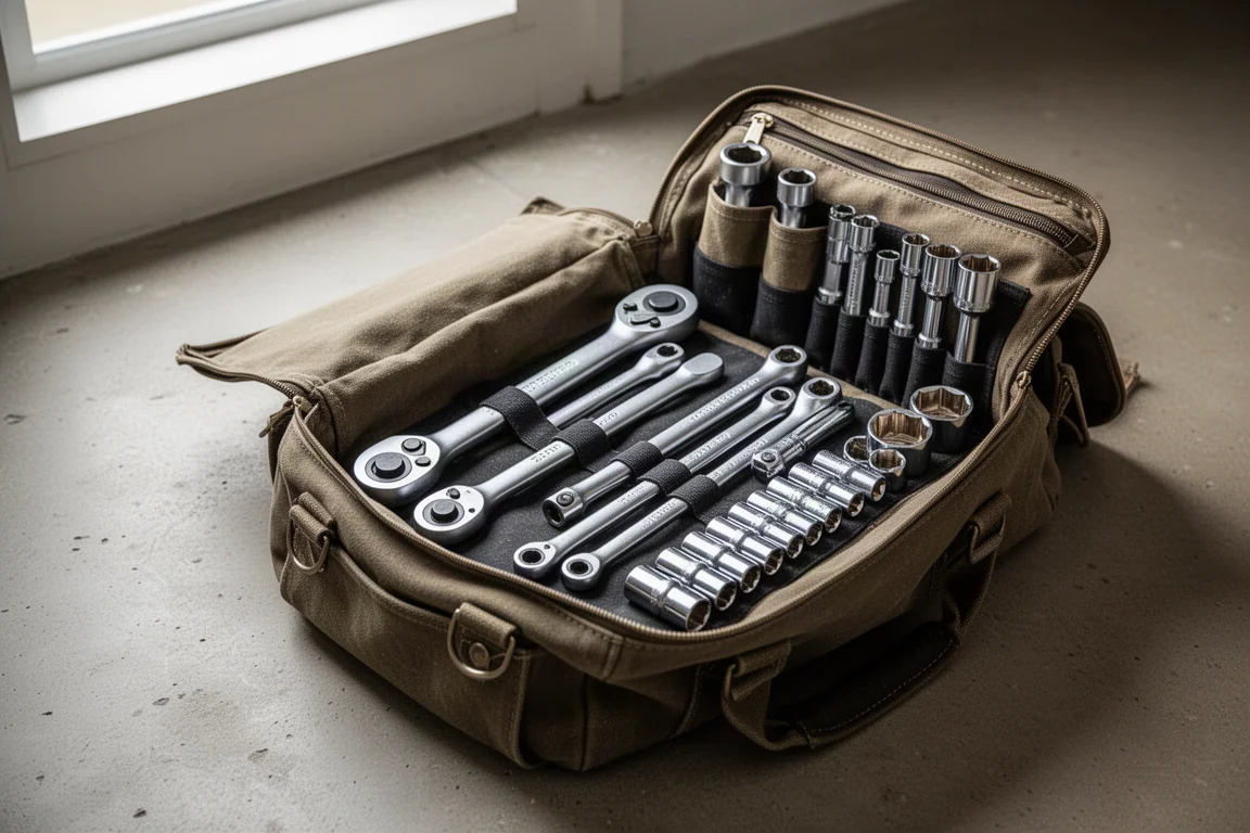 Sac à outils ouvert avec cliquets, rallonges et rails à douilles soigneusement rangés