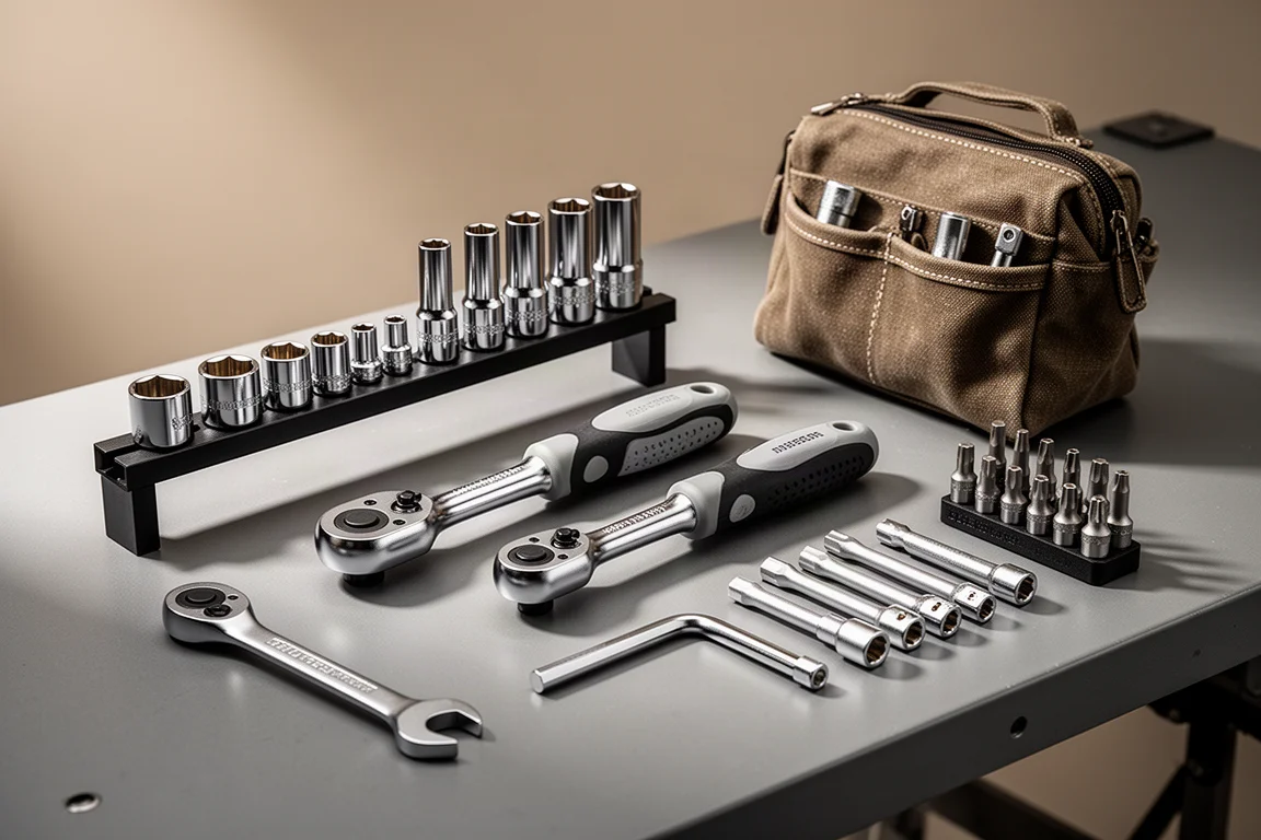 Assorted budget socket sets, ratchets, and hand tools on a workbench