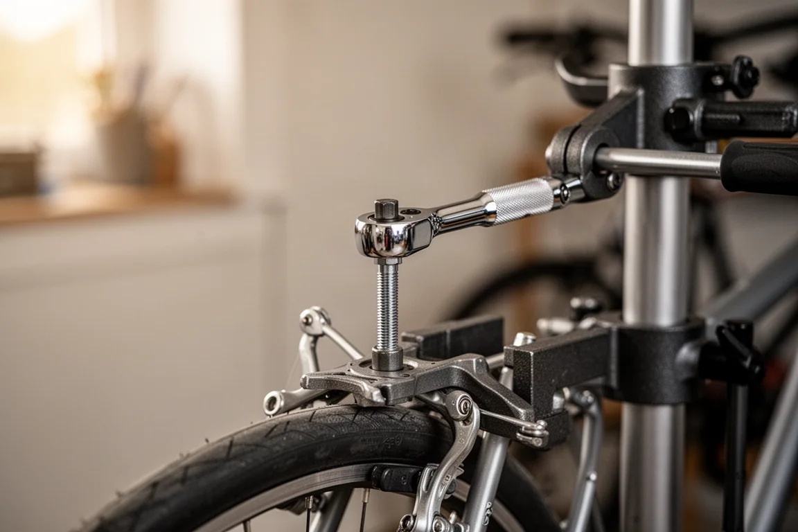 自宅修理で自転車パーツのボルトをラチェットで回している様子