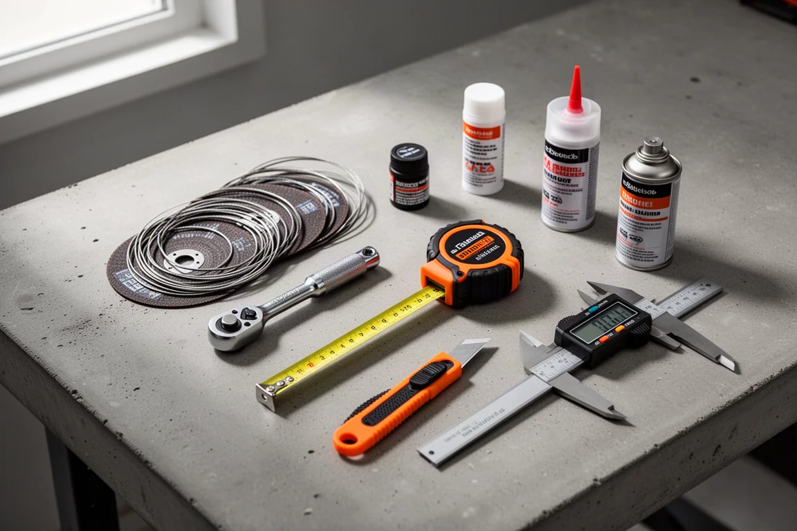 Flat-lay of budget hand tools, measuring tools, and consumables on a concrete workbench