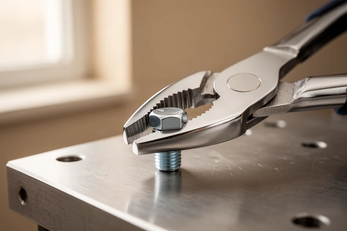Nahaufnahme einer Zange, die einen Schraubenkopf auf einer Werkbank greift