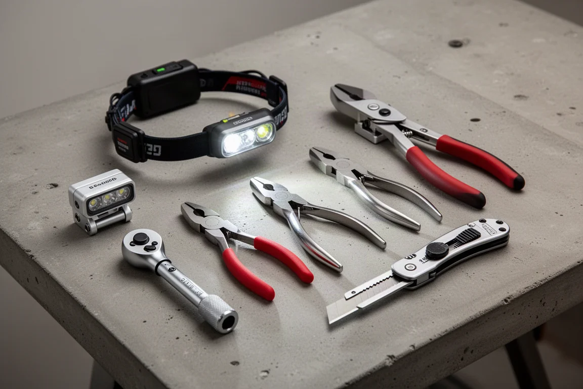 Hand tools including a headlamp, rail light, pliers and torque wrench arranged on a concrete workbench